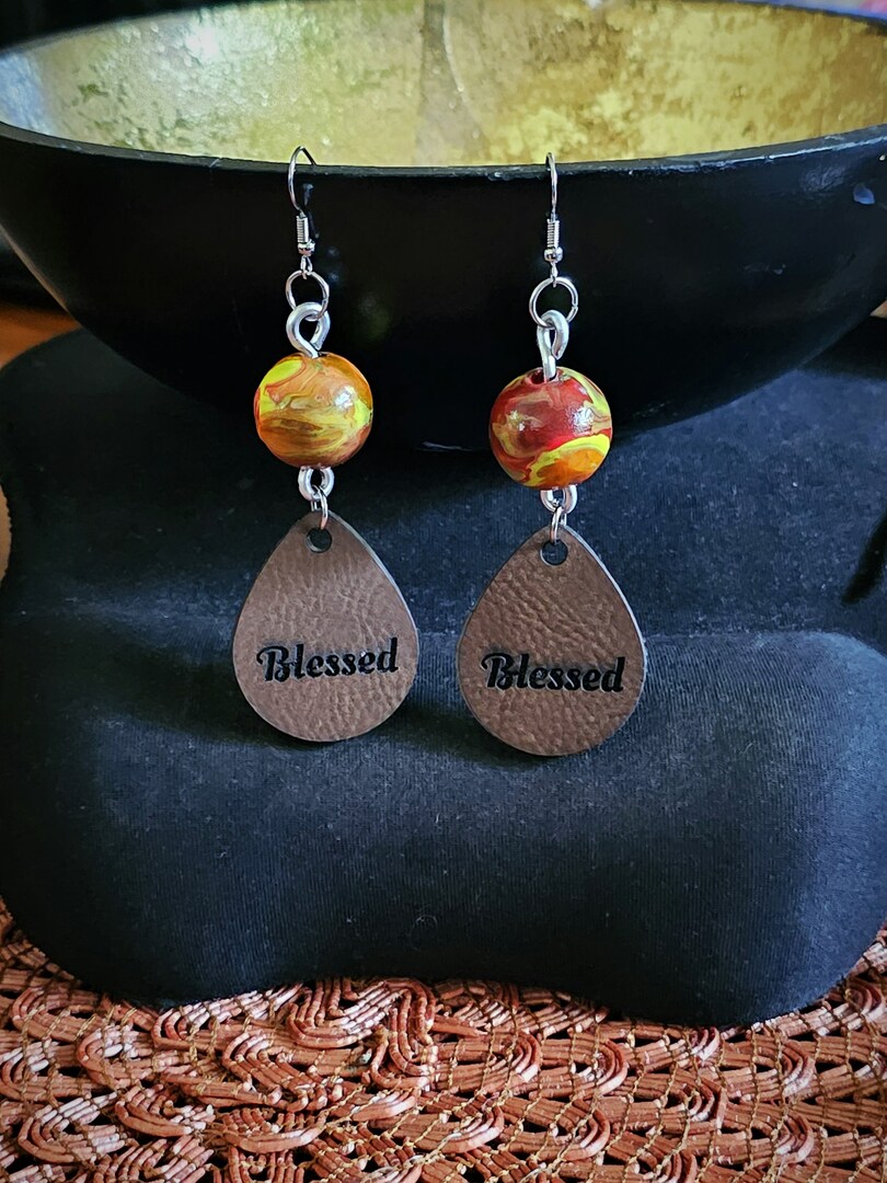 Faith Collection Hand Painted Wood Beads Earrings with Faux Leather Engraved Blessed MakerPlace by Michaels